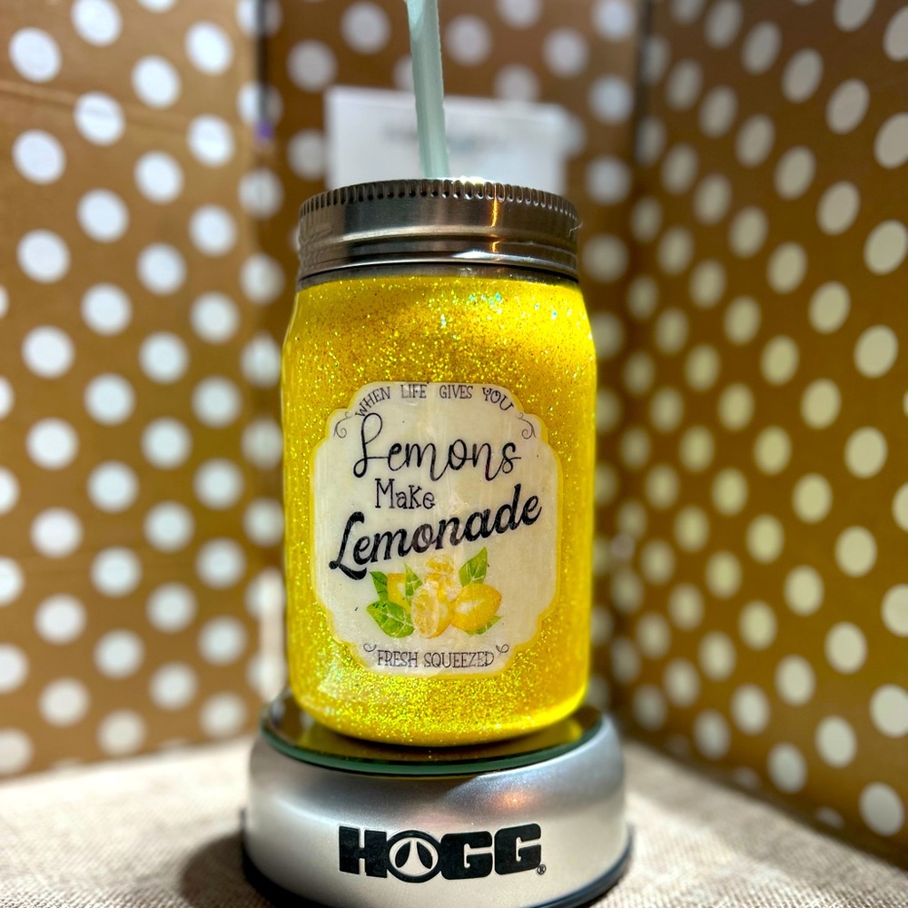 Gorgeous Handmade Yellow “Lemonade” Glitter Mason Jar Tumbler